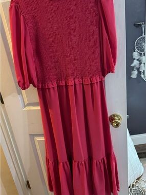 Women's Fuchsia Smocked Bodice Midi Dress